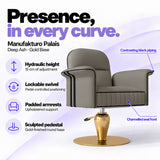 Manufakturo Palais styling chair in Deep Ash with gold base, showing hydraulic height adjustment, lockable swivel, padded armrests and sculpted pedestal.