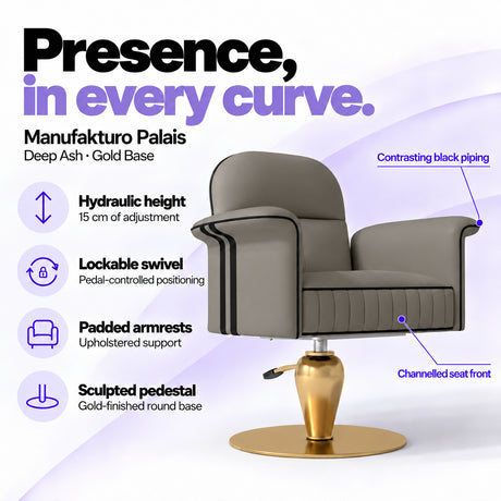 Manufakturo Palais styling chair in Deep Ash with gold base, showing hydraulic height adjustment, lockable swivel, padded armrests and sculpted pedestal.