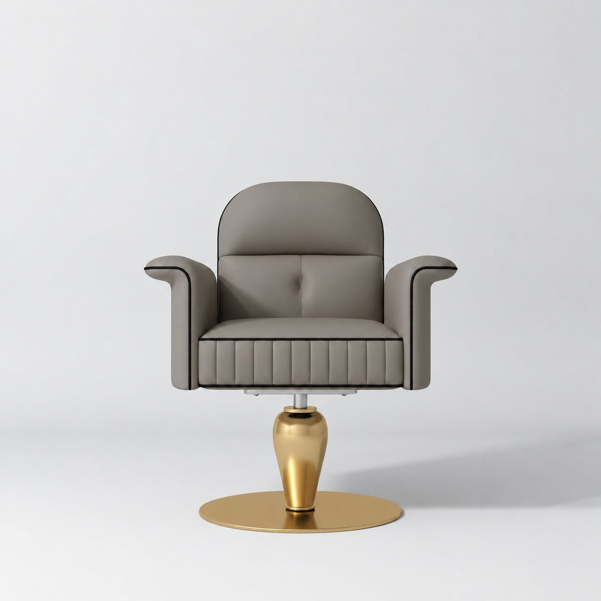 Front view of the Manufakturo Palais styling chair in Deep Ash with black piping and a gold pedestal base, on a grey studio background.