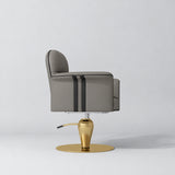 Side view of the Manufakturo Palais styling chair in Deep Ash with black piping and a gold pedestal base, on a grey studio background.