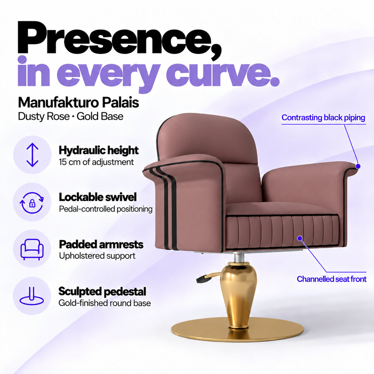 Manufakturo Palais styling chair in Dusty Rose with gold base, showing hydraulic height adjustment, lockable swivel, padded armrests and sculpted pedestal.