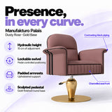 Manufakturo Palais styling chair in Dusty Rose with gold base, showing hydraulic height adjustment, lockable swivel, padded armrests and sculpted pedestal.