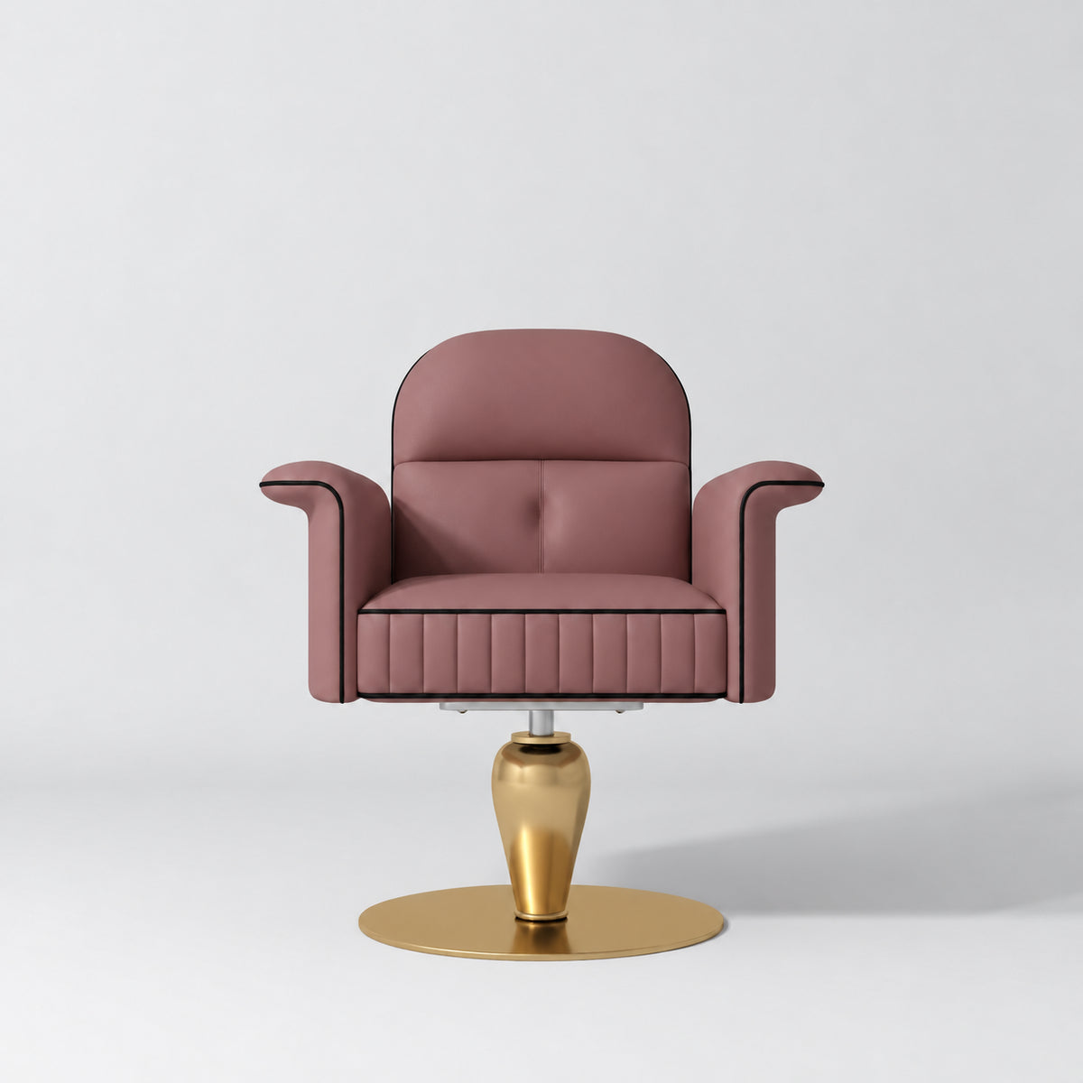 Front view of the Manufakturo Palais styling chair in Dusty Rose with black piping and a gold pedestal base, on a grey studio background.