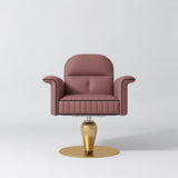 Front view of the Manufakturo Palais styling chair in Dusty Rose with black piping and a gold pedestal base, on a grey studio background.