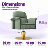 Dimensions of the Manufakturo Palais Olive styling chair: overall height 98–113 cm, overall width 86 cm, seat width 50 cm, seat depth 46 cm and base diameter 60 cm.