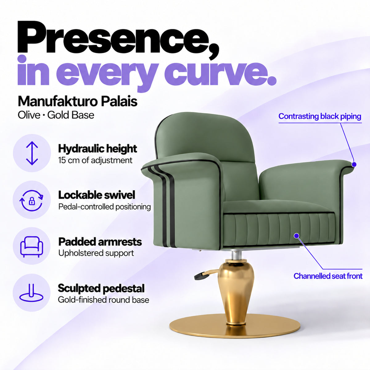 Manufakturo Palais styling chair in Olive with gold base, showing hydraulic height adjustment, lockable swivel, padded armrests and sculpted pedestal.