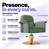 Manufakturo Palais styling chair in Olive with gold base, showing hydraulic height adjustment, lockable swivel, padded armrests and sculpted pedestal.