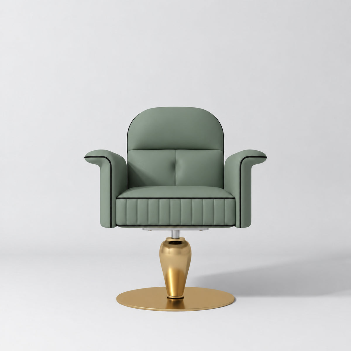 Front view of the Manufakturo Palais styling chair in Olive with black piping and a gold pedestal base, on a grey studio background.