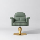 Front view of the Manufakturo Palais styling chair in Olive with black piping and a gold pedestal base, on a grey studio background.