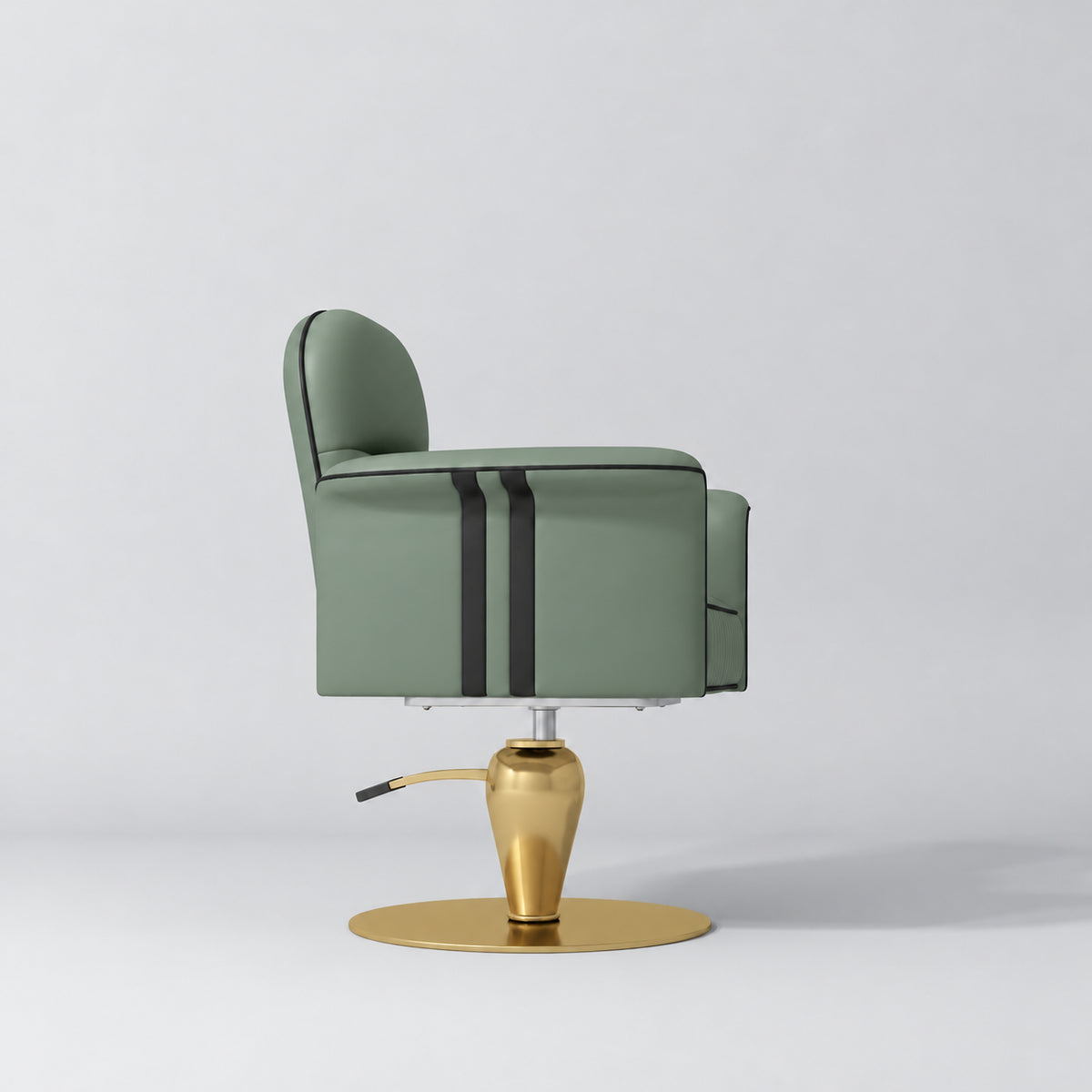 Side view of the Manufakturo Palais styling chair in Olive with black piping and a gold pedestal base, on a grey studio background.