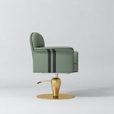 Side view of the Manufakturo Palais styling chair in Olive with black piping and a gold pedestal base, on a grey studio background.