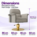 Dimensions of the Manufakturo Palais Pearl Greige styling chair: overall height 98–113 cm, overall width 86 cm, seat width 50 cm, seat depth 46 cm and base diameter 60 cm.