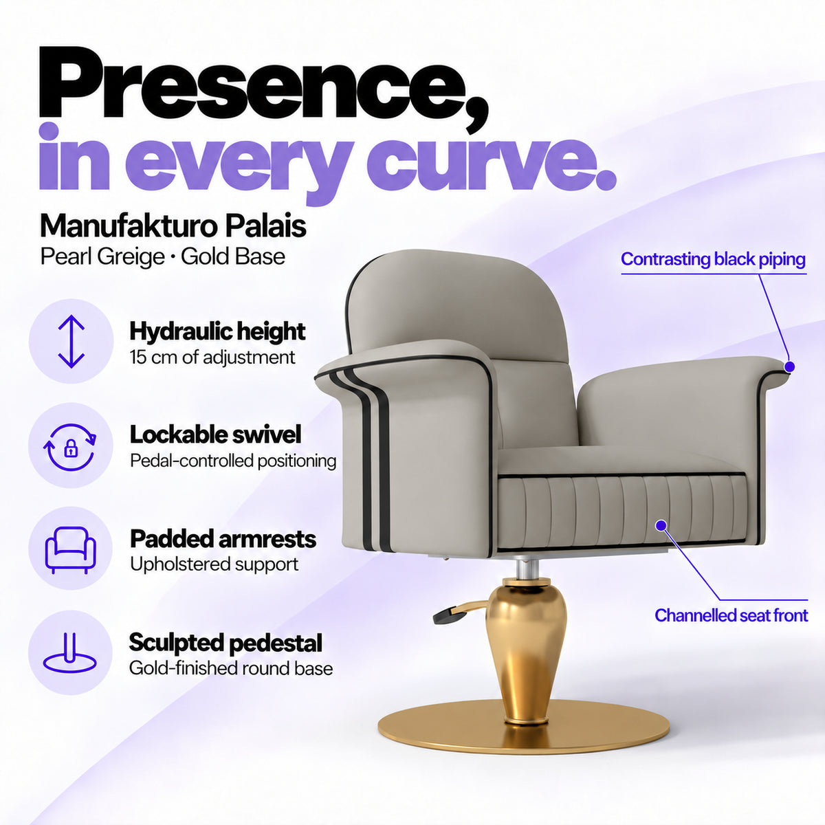 Manufakturo Palais styling chair in Pearl Greige with gold base, showing hydraulic height adjustment, lockable swivel, padded armrests and sculpted pedestal.