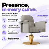 Manufakturo Palais styling chair in Pearl Greige with gold base, showing hydraulic height adjustment, lockable swivel, padded armrests and sculpted pedestal.