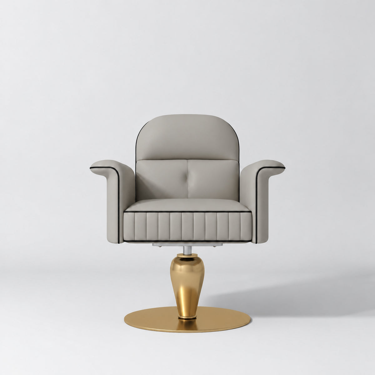 Front view of the Manufakturo Palais styling chair in Pearl Greige with black piping and a gold pedestal base, on a grey studio background.