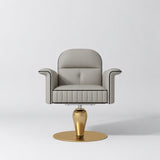 Front view of the Manufakturo Palais styling chair in Pearl Greige with black piping and a gold pedestal base, on a grey studio background.