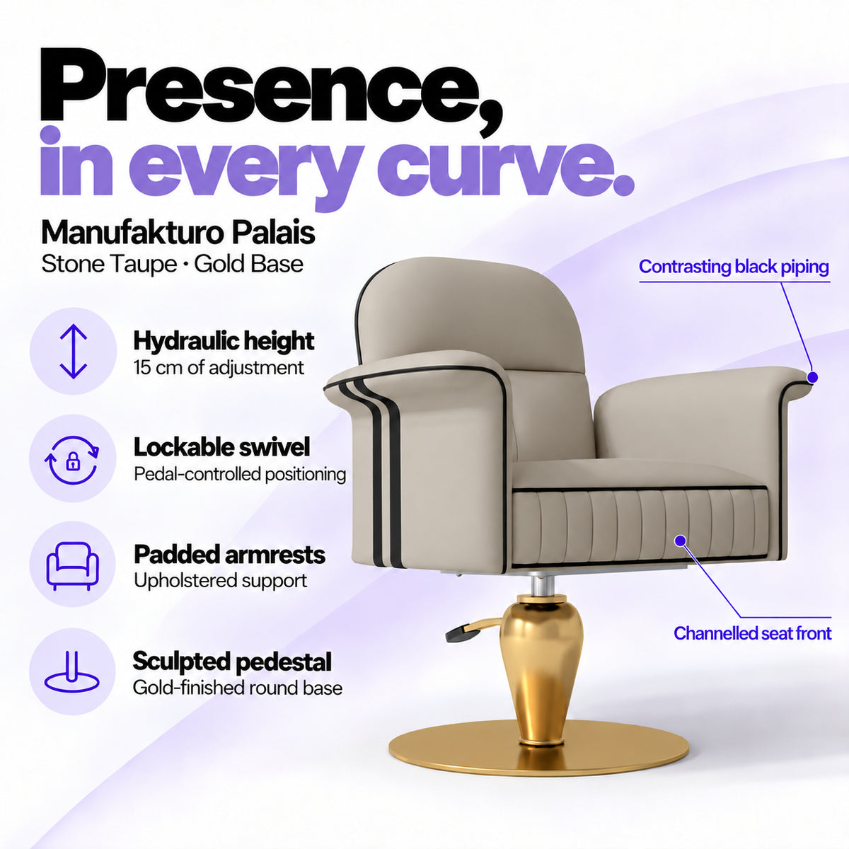 Manufakturo Palais styling chair in Stone Taupe with gold base, showing hydraulic height adjustment, lockable swivel, padded armrests and sculpted pedestal.