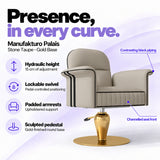 Manufakturo Palais styling chair in Stone Taupe with gold base, showing hydraulic height adjustment, lockable swivel, padded armrests and sculpted pedestal.