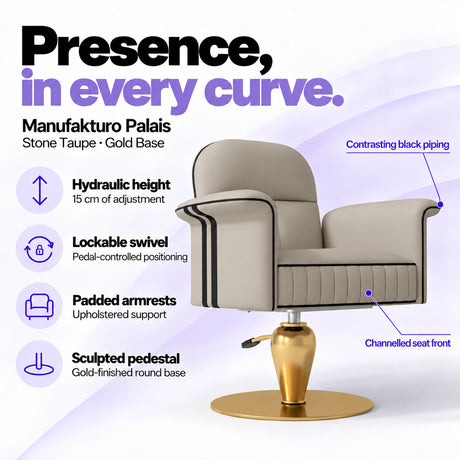 Manufakturo Palais styling chair in Stone Taupe with gold base, showing hydraulic height adjustment, lockable swivel, padded armrests and sculpted pedestal.