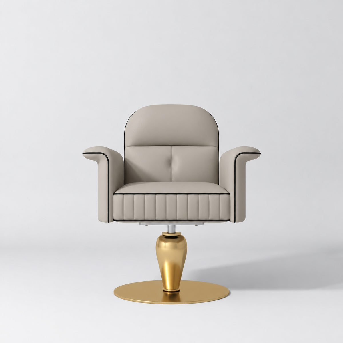 Front view of the Manufakturo Palais styling chair in Stone Taupe with black piping and a gold pedestal base, on a grey studio background.