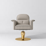 Front view of the Manufakturo Palais styling chair in Stone Taupe with black piping and a gold pedestal base, on a grey studio background.