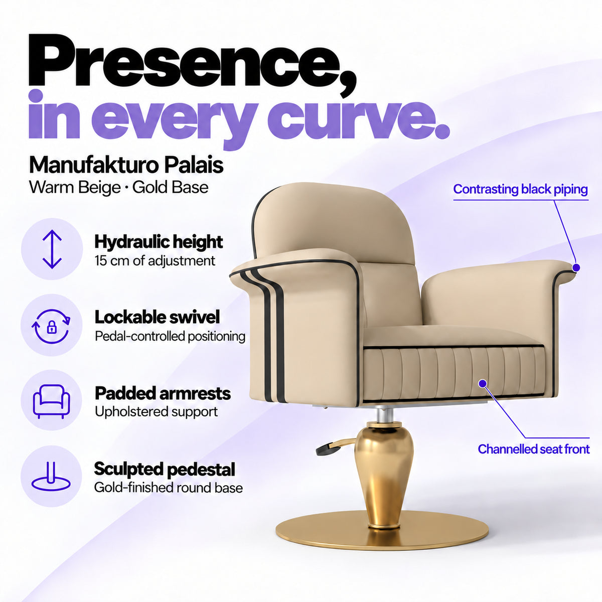 Manufakturo Palais styling chair in Warm Beige with gold base, showing hydraulic height adjustment, lockable swivel, padded armrests and sculpted pedestal.