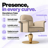 Manufakturo Palais styling chair in Warm Beige with gold base, showing hydraulic height adjustment, lockable swivel, padded armrests and sculpted pedestal.