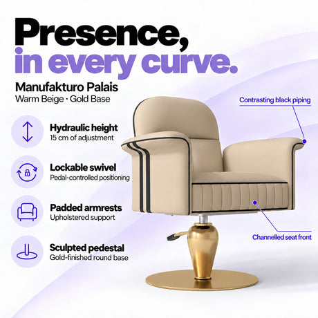Manufakturo Palais styling chair in Warm Beige with gold base, showing hydraulic height adjustment, lockable swivel, padded armrests and sculpted pedestal.