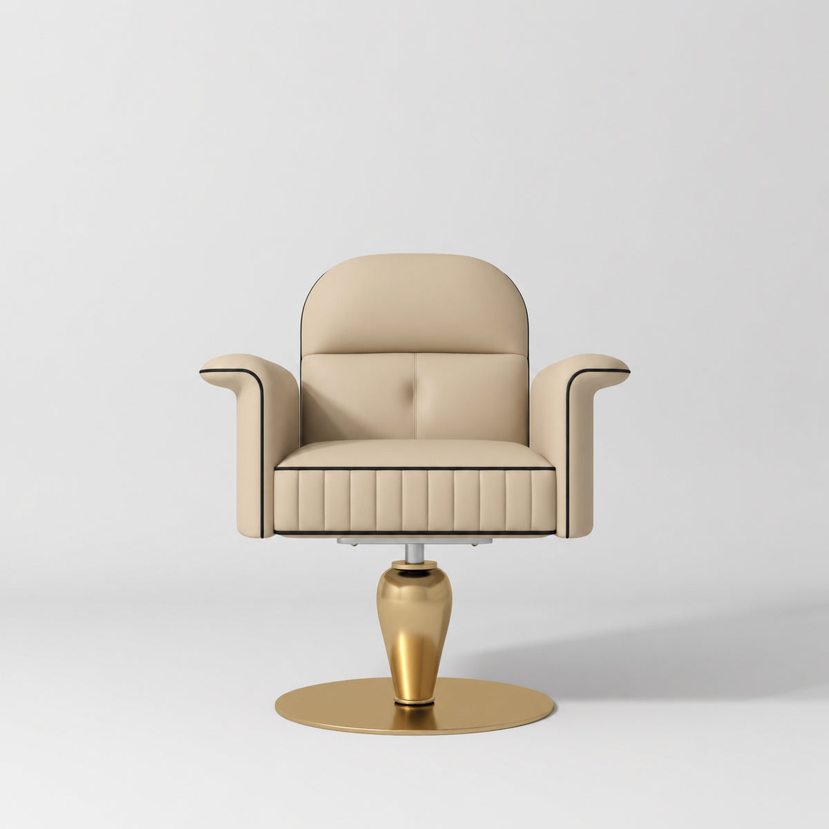 Front view of the Manufakturo Palais styling chair in Warm Beige with black piping and a gold pedestal base, on a grey studio background.