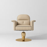 Front view of the Manufakturo Palais styling chair in Warm Beige with black piping and a gold pedestal base, on a grey studio background.