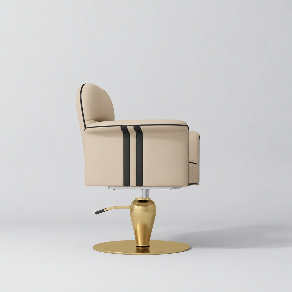 Side view of the Manufakturo Palais styling chair in Warm Beige with black piping, twin black side bands and a gold pedestal base, on a grey studio background.