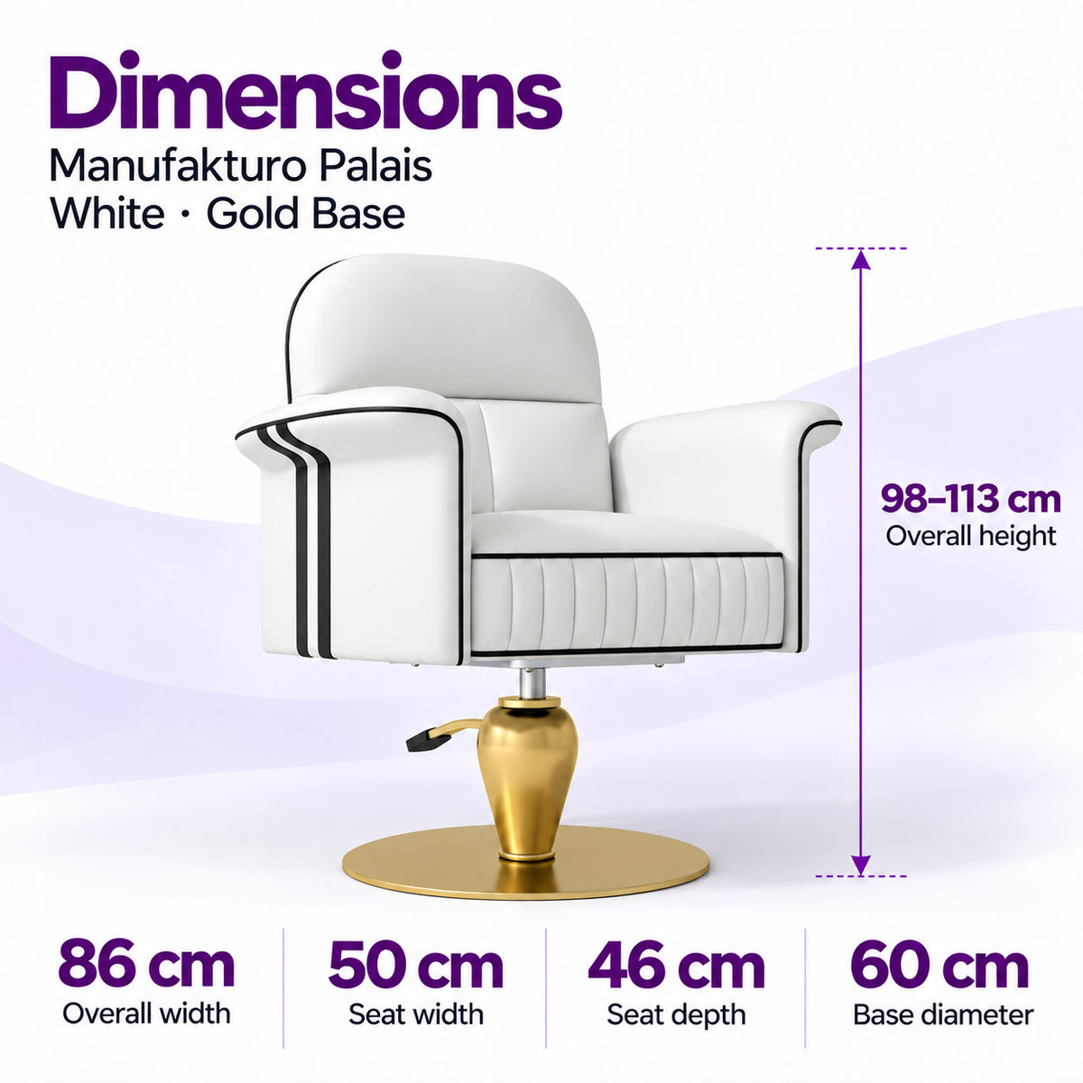 Dimensions of the Manufakturo Palais White styling chair: overall height 98–113 cm, overall width 86 cm, seat width 50 cm, seat depth 46 cm and base diameter 60 cm.
