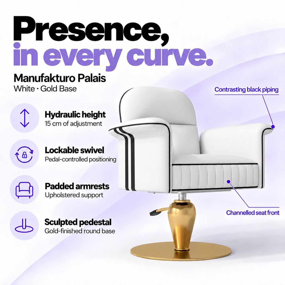Manufakturo Palais styling chair in White with gold base, showing hydraulic height adjustment, lockable swivel, padded armrests and sculpted pedestal.