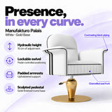Manufakturo Palais styling chair in White with gold base, showing hydraulic height adjustment, lockable swivel, padded armrests and sculpted pedestal.