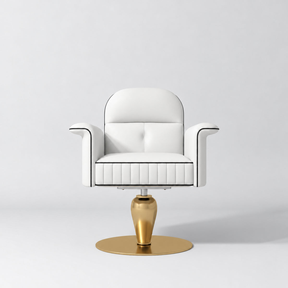 Front view of the Manufakturo Palais styling chair in White with black piping and a gold pedestal base, on a grey studio background.