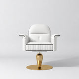 Front view of the Manufakturo Palais styling chair in White with black piping and a gold pedestal base, on a grey studio background.