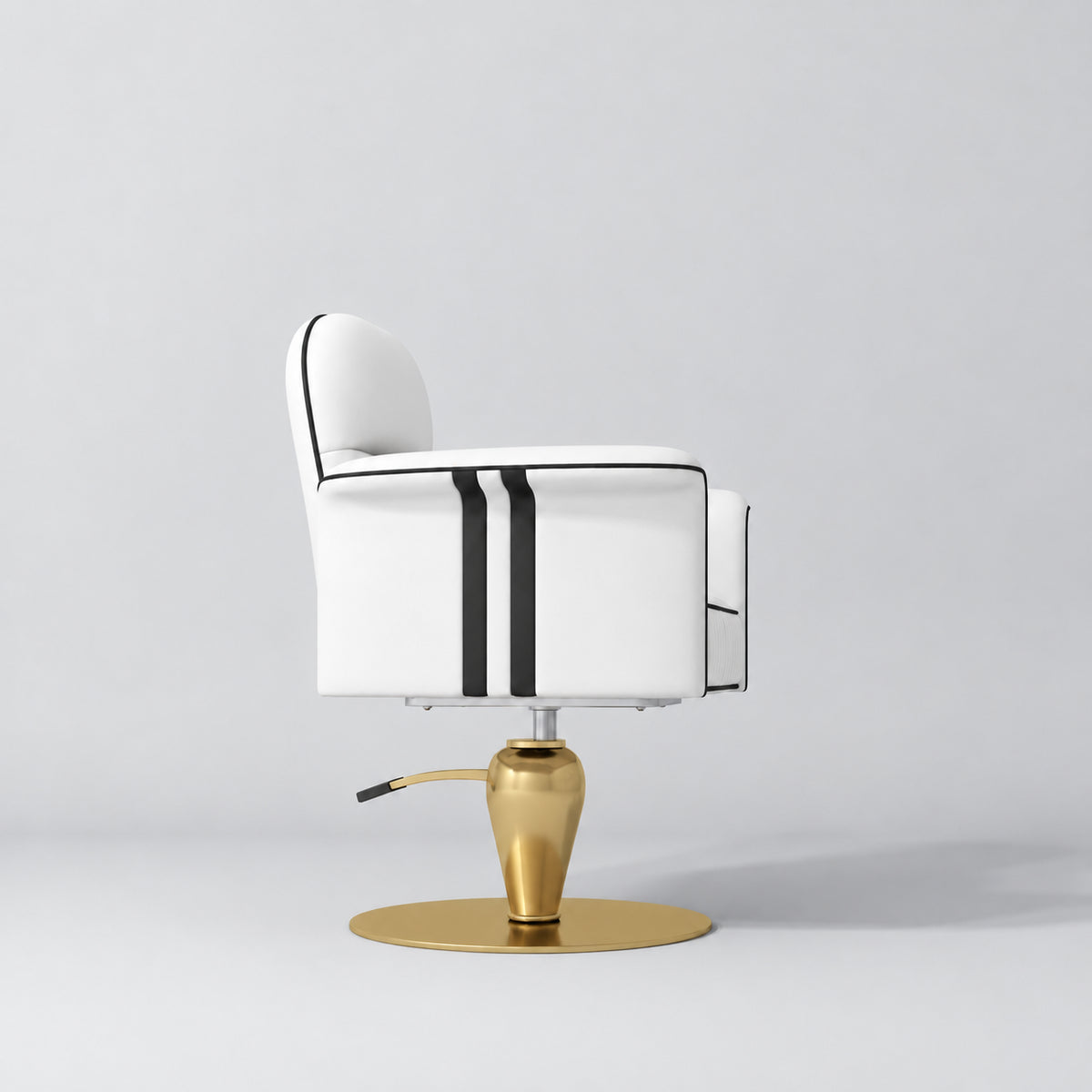 Side view of the Manufakturo Palais styling chair in White with black piping and a gold pedestal base, on a grey studio background.
