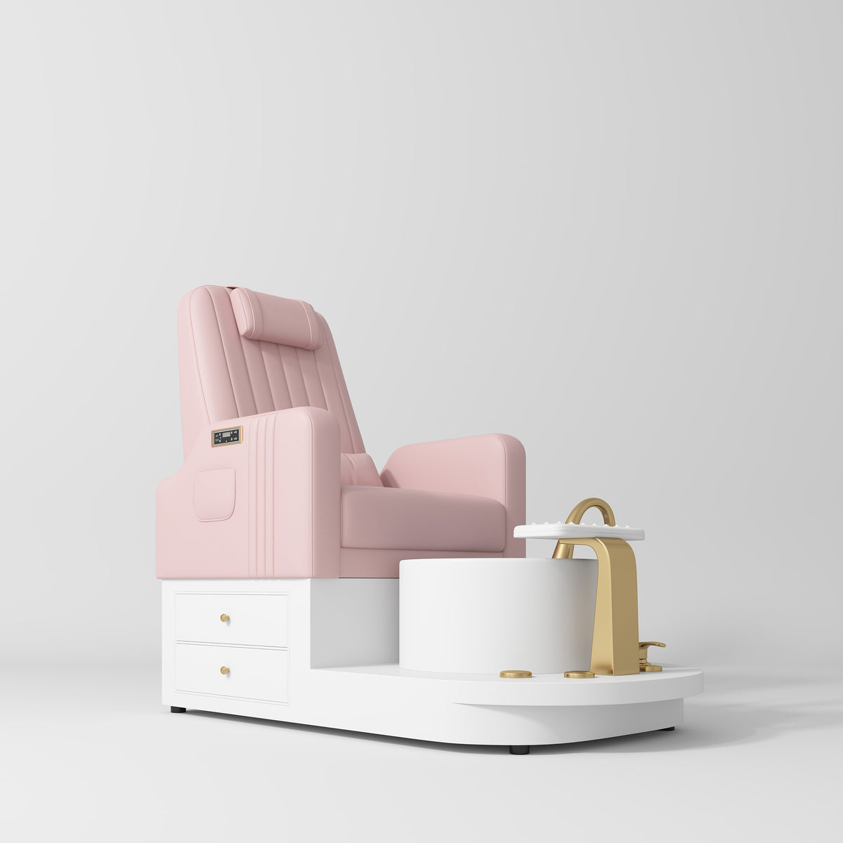 Manufakturo Noémie Bare Blush Luxury Electric Pedicure Chair - Massage Backrest, Gold Tap, USB-C, Ceramic Basin - displayed in a professional treatment-room setting