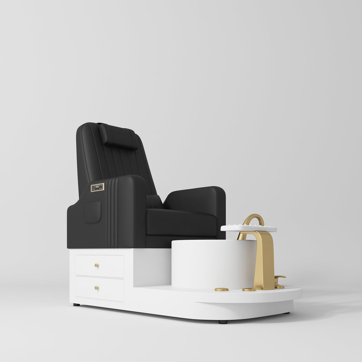 Manufakturo Noémie Black Luxury Electric Pedicure Chair - Massage Backrest, Gold Tap, USB-C, Ceramic Basin - close-up of the upholstery and construction details