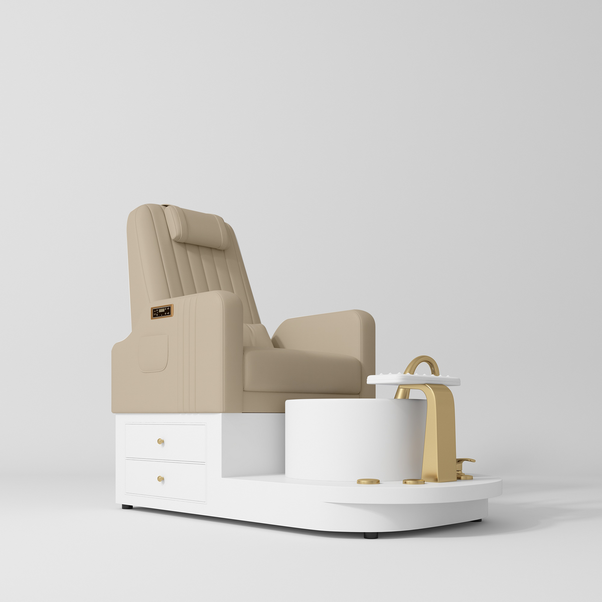 Manufakturo Noémie Warm Beige Luxury Electric Pedicure Chair - Massage Backrest, Gold Tap, USB-C, Ceramic Basin - close-up of the upholstery and construction details