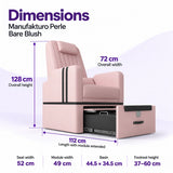 Manufakturo Perle Bare Blush pedicure chair dimensions: 72 cm wide, 128 cm high and 112 cm long with the module extended; seat width 52 cm, module width 49 cm, basin 44.5 x 34.5 cm and footrest height 37–60 cm.