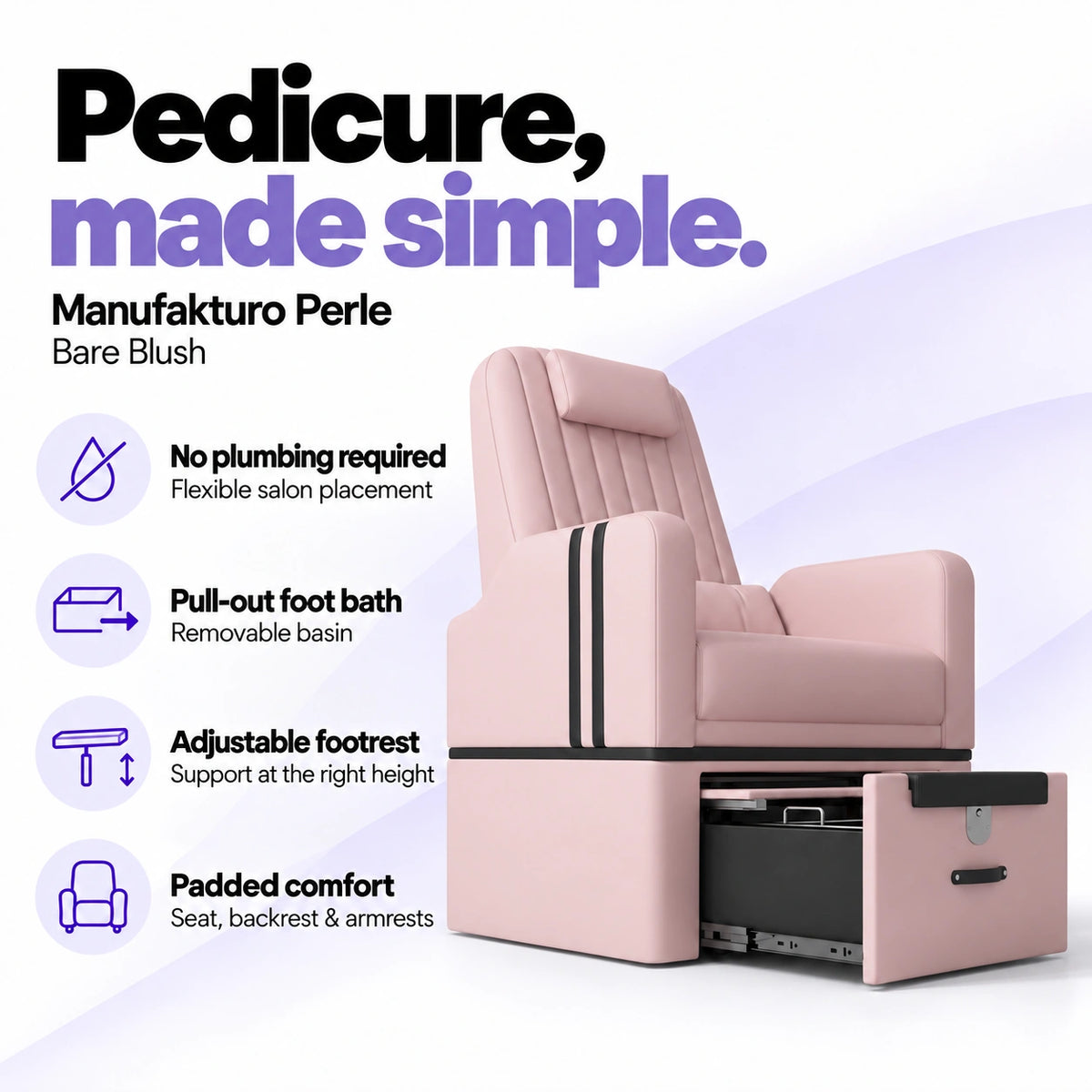 Manufakturo Perle Bare Blush pedicure chair with no plumbing required, pull-out removable foot bath, adjustable footrest and padded seat, backrest and armrests.