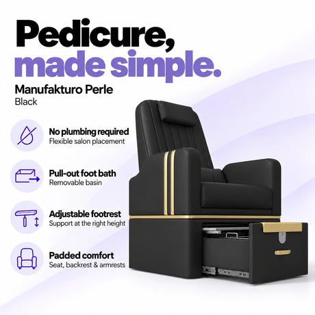Manufakturo Perle Black pedicure chair with no plumbing required, pull-out removable foot bath, adjustable footrest and padded seat, backrest and armrests.