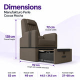 Manufakturo Perle Cocoa Mocha pedicure chair dimensions: 72 cm wide, 128 cm high and 112 cm long with the module extended; seat width 52 cm, module width 49 cm, basin 44.5 x 34.5 cm and footrest height 37–60 cm.