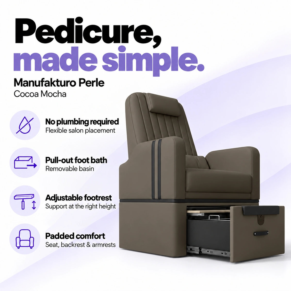 Manufakturo Perle Cocoa Mocha pedicure chair with no plumbing required, pull-out removable foot bath, adjustable footrest and padded seat, backrest and armrests.