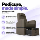 Manufakturo Perle Cocoa Mocha pedicure chair with no plumbing required, pull-out removable foot bath, adjustable footrest and padded seat, backrest and armrests.