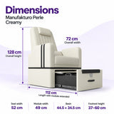 Manufakturo Perle Creamy pedicure chair dimensions: 72 cm wide, 128 cm high and 112 cm long with the module extended; seat width 52 cm, module width 49 cm, basin 44.5 x 34.5 cm and footrest height 37–60 cm.