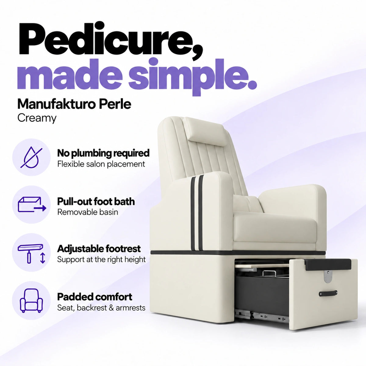 Manufakturo Perle Creamy pedicure chair with no plumbing required, pull-out removable foot bath, adjustable footrest and padded seat, backrest and armrests.