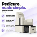 Manufakturo Perle Creamy pedicure chair with no plumbing required, pull-out removable foot bath, adjustable footrest and padded seat, backrest and armrests.