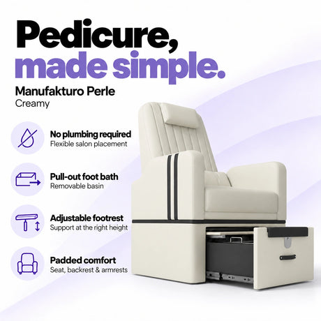 Manufakturo Perle Creamy pedicure chair with no plumbing required, pull-out removable foot bath, adjustable footrest and padded seat, backrest and armrests.